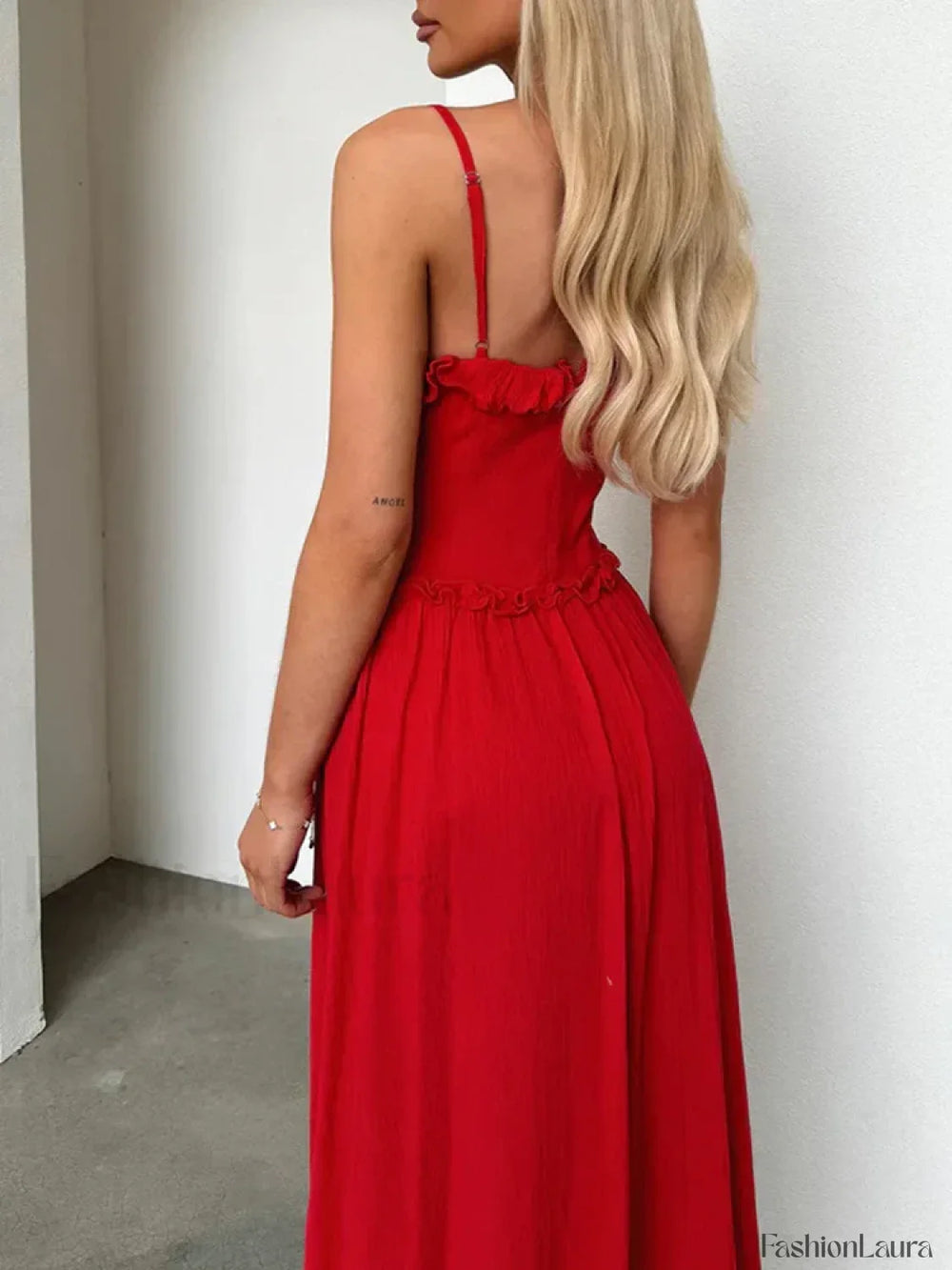 Red V Neck Camisole Midi Dress