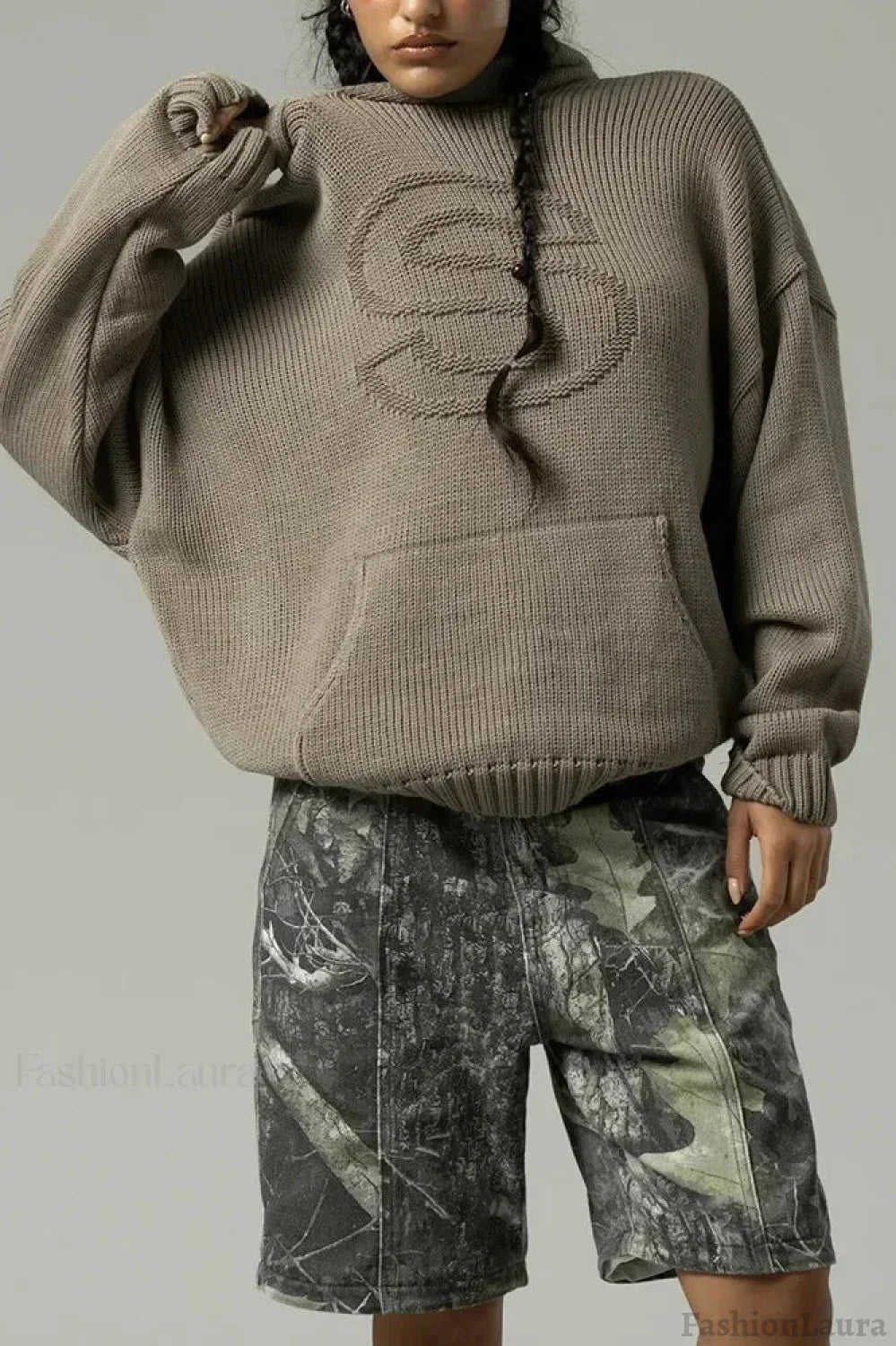 Relief Knitted Casual Loose Hoodie Brown / S