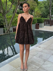 Retro 3D Floral Backless Slip Dress High Waisted Halter Floral Dress brown / S