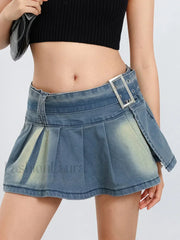 Retro Belted Pleated Denim Skirt