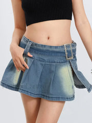 Retro Belted Pleated Denim Skirt