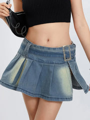 Retro Belted Pleated Denim Skirt Blue / S