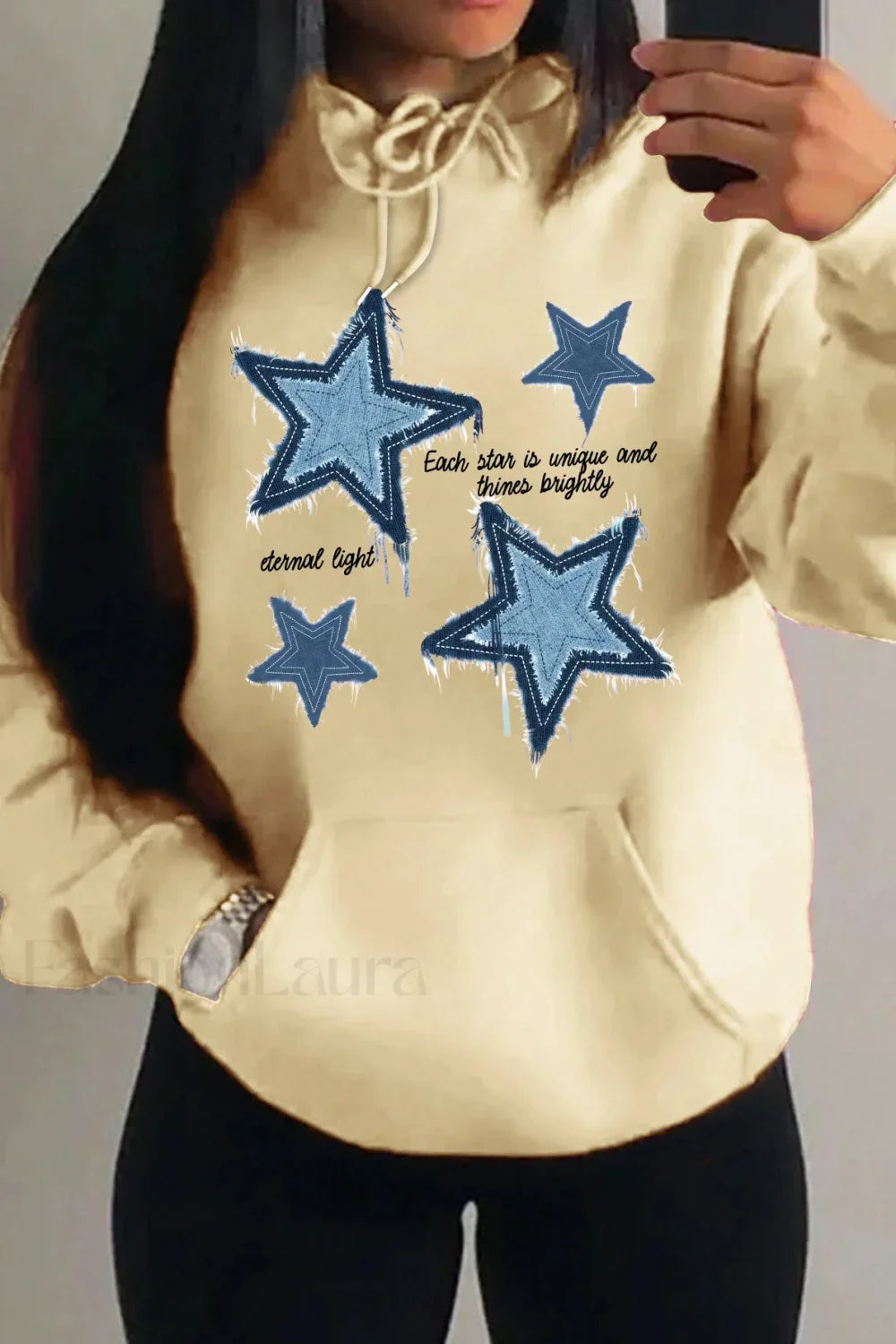 Retro Blue Star Printed Hoodie Beige / S