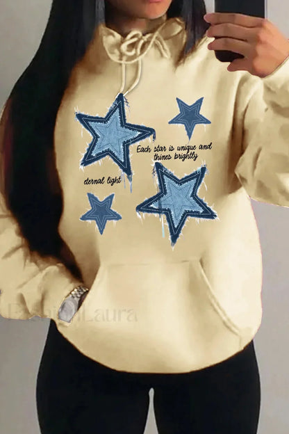 Retro Blue Star Printed Hoodie Beige / S