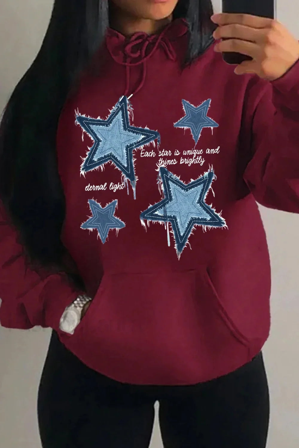 Retro Blue Star Printed Hoodie Burgundy / S