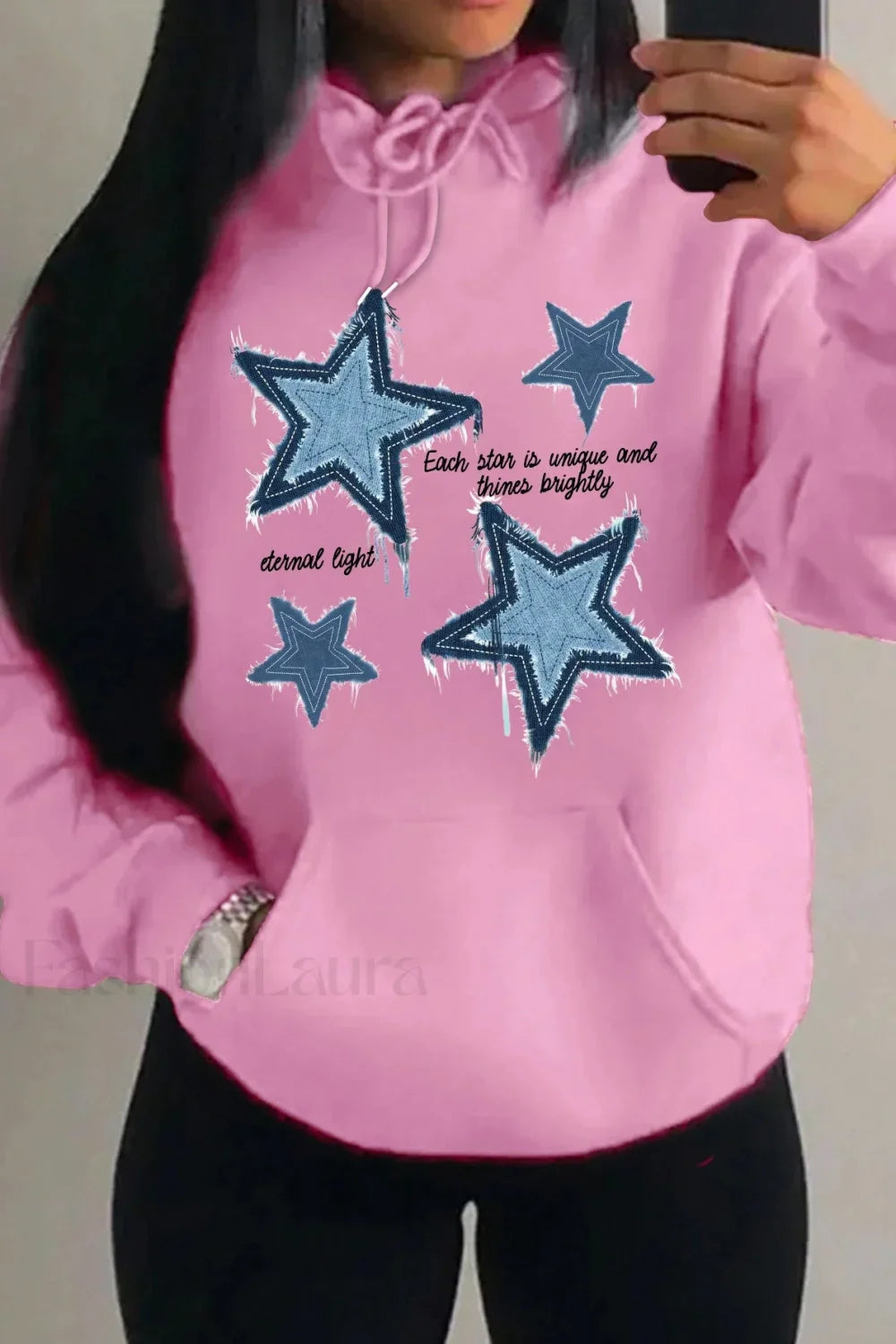 Retro Blue Star Printed Hoodie Pink / S