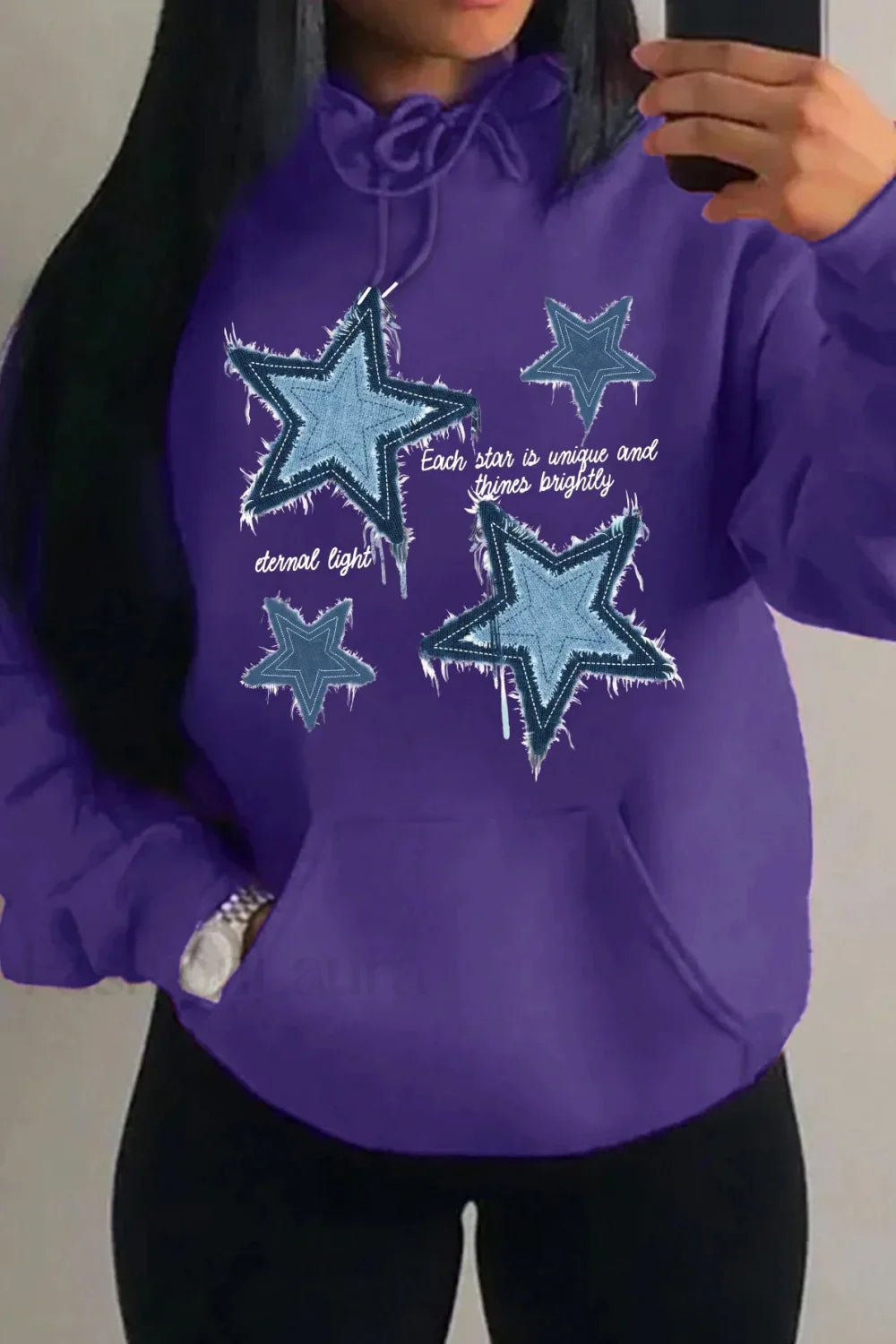 Retro Blue Star Printed Hoodie Purple / S