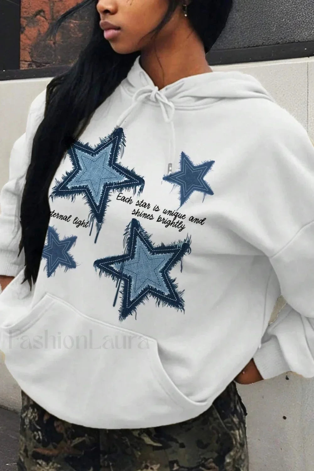 Retro Blue Star Printed Hoodie White / S