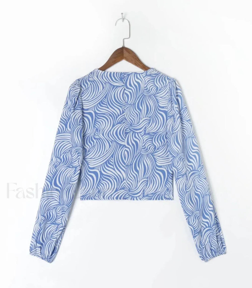 Retro Blue Zebra Striped Slim Cropped Tops Blouse