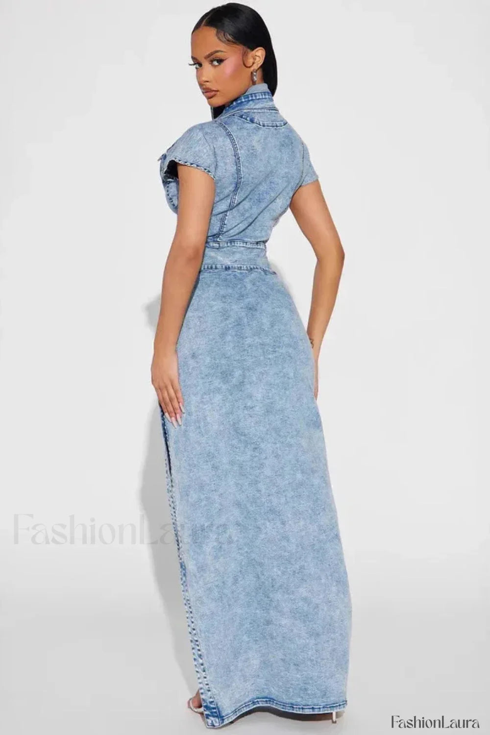 Retro Button Split Denim Maxi Dress