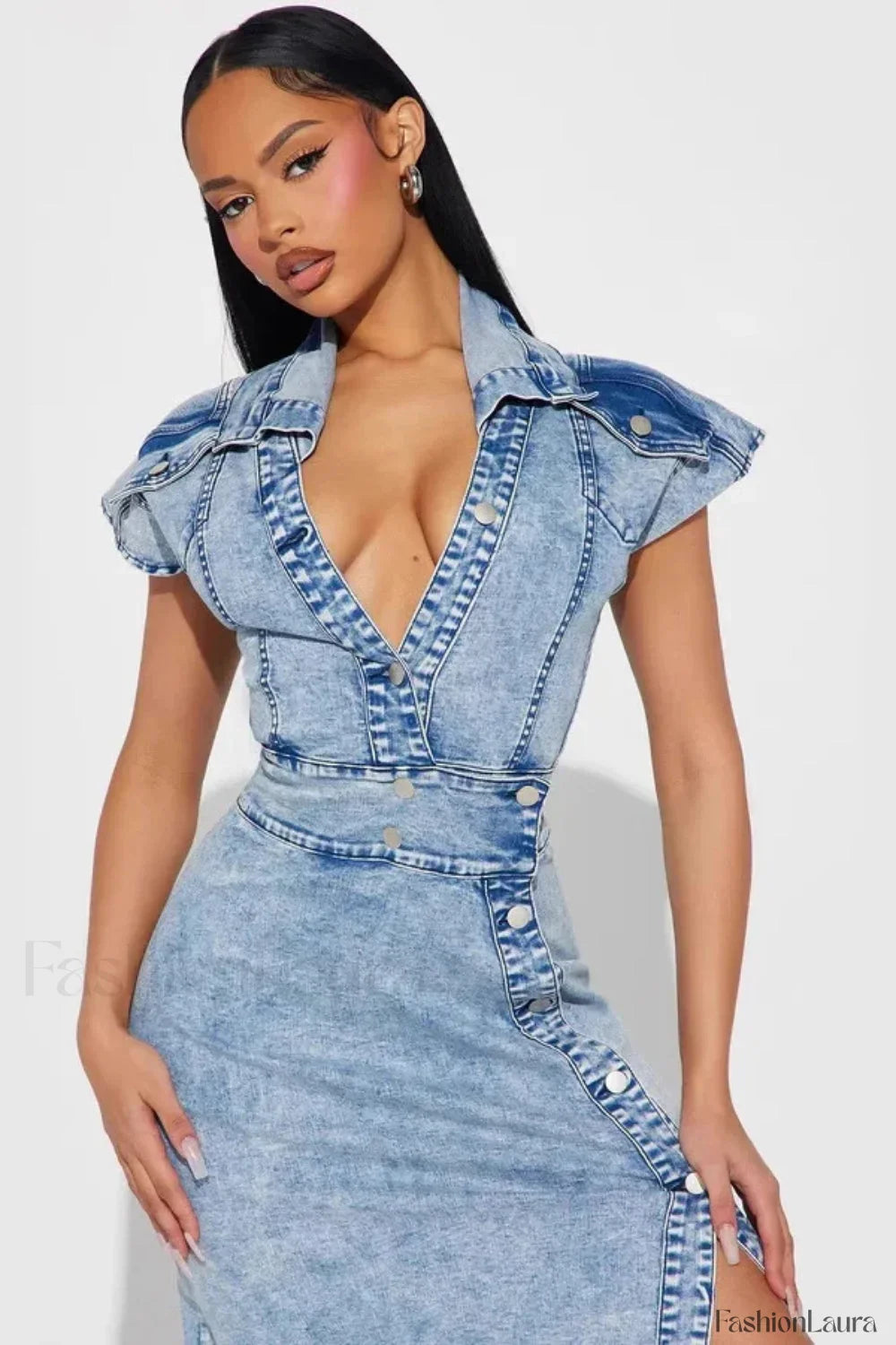 Retro Button Split Denim Maxi Dress