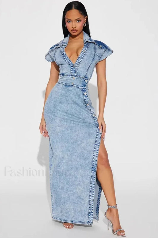 Retro Button Split Denim Maxi Dress Blue / S