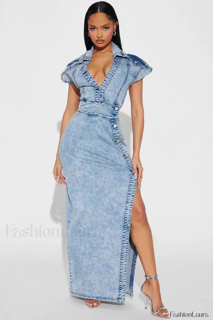 Retro Button Split Denim Maxi Dress Blue / S