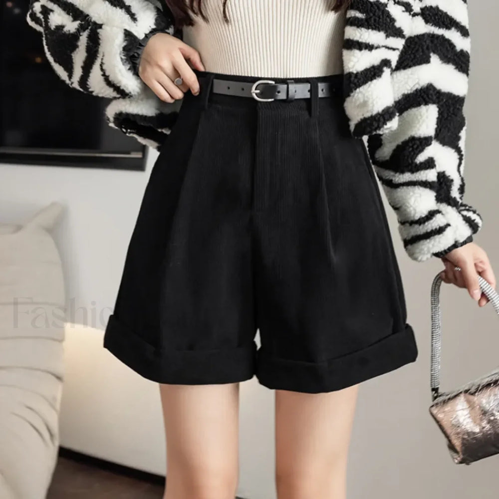 Retro Corduroy Boyfriend Style Female Shorts Black / S