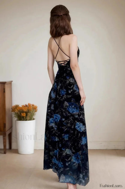 Retro Floral Strappy Backless High Split Pleated Maxi Dress