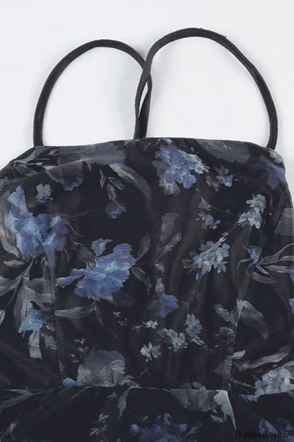 Retro Floral Strappy Backless High Split Pleated Maxi Dress