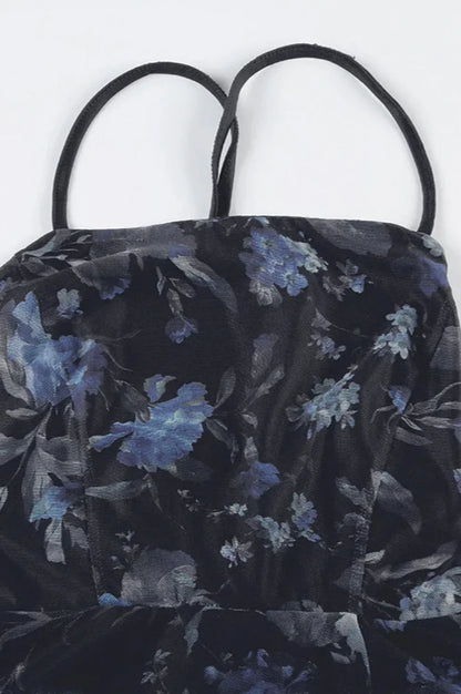 Retro Floral Strappy Backless High Split Pleated Maxi Dress