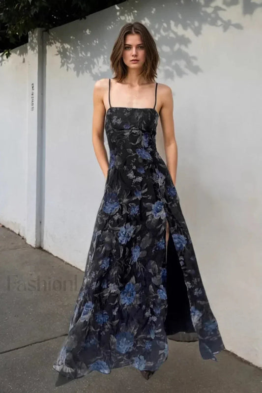 Retro Floral Strappy Backless High Split Pleated Maxi Dress Black / S