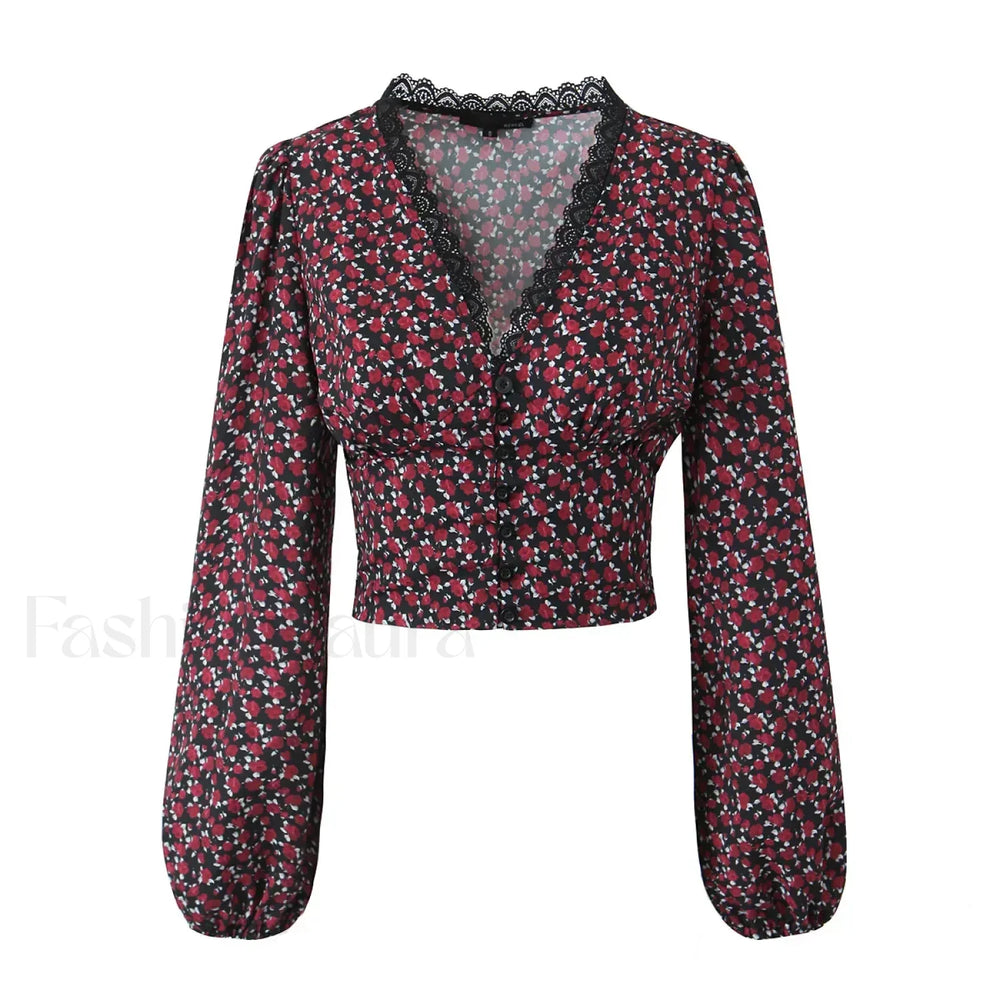 Retro Flower Print Slim Sexy Cropped Blouse