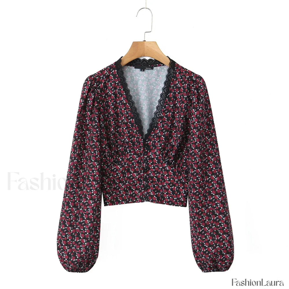 Retro Flower Print Slim Sexy Cropped Blouse Black / S