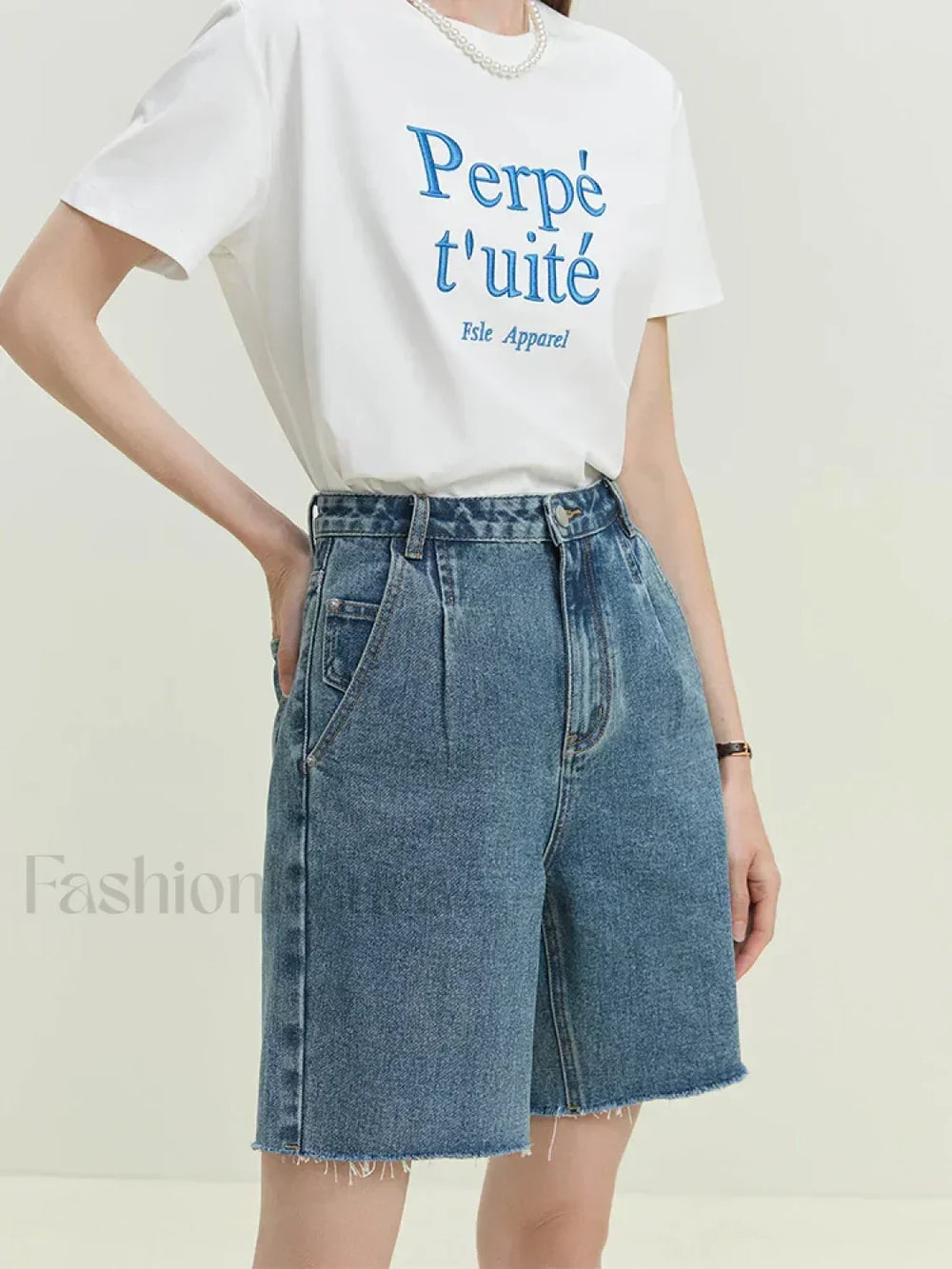 Retro Frayed trimmed Denim Blue Cotton Shorts