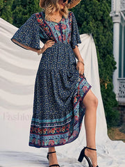 Retro High Waist Boho Dress navy / S
