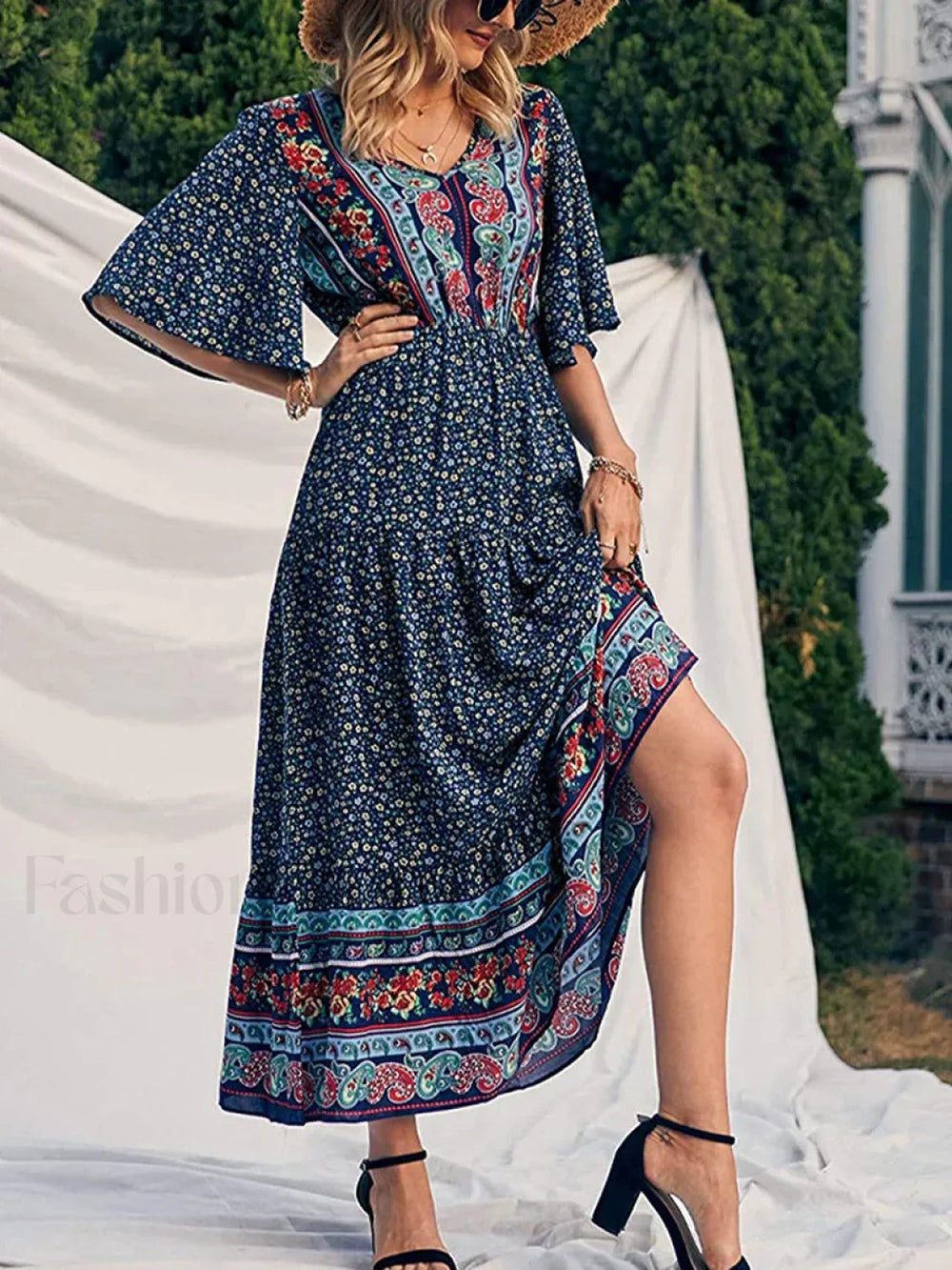 Retro High Waist Boho Dress navy / S