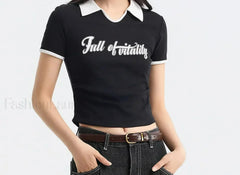 Retro Letter Tight Pullover Polo T Shirt Black / S