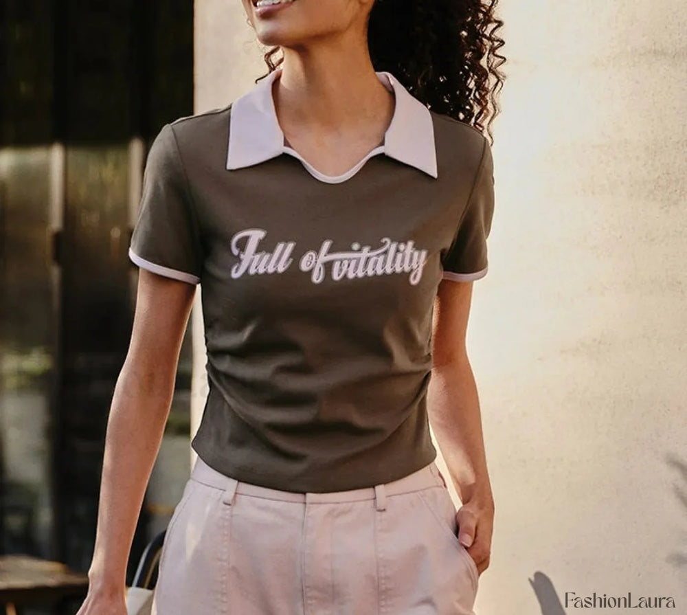 Retro Letter Tight Pullover Polo T Shirt Coffee color / S