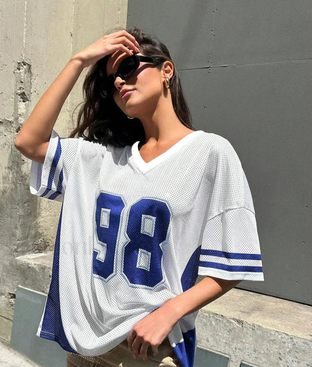 Retro Patchwork 98 Print V Neck T Shirt blue / XXS