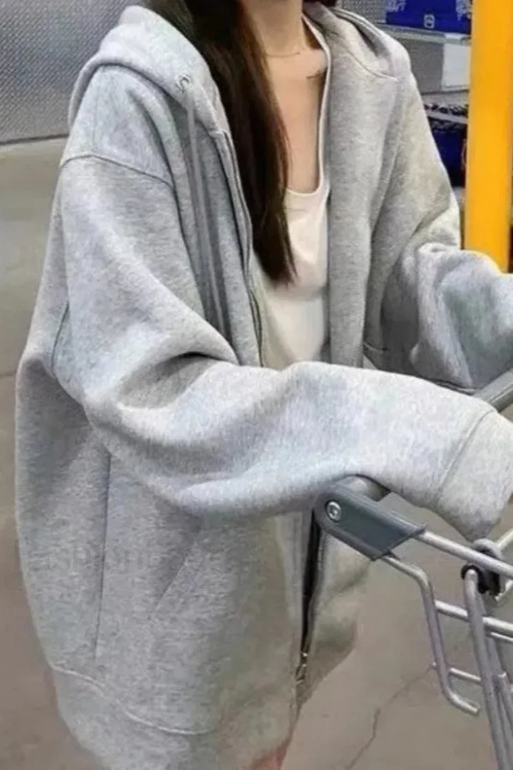 Retro Solid Color Zip Up Hoodie Grey / M