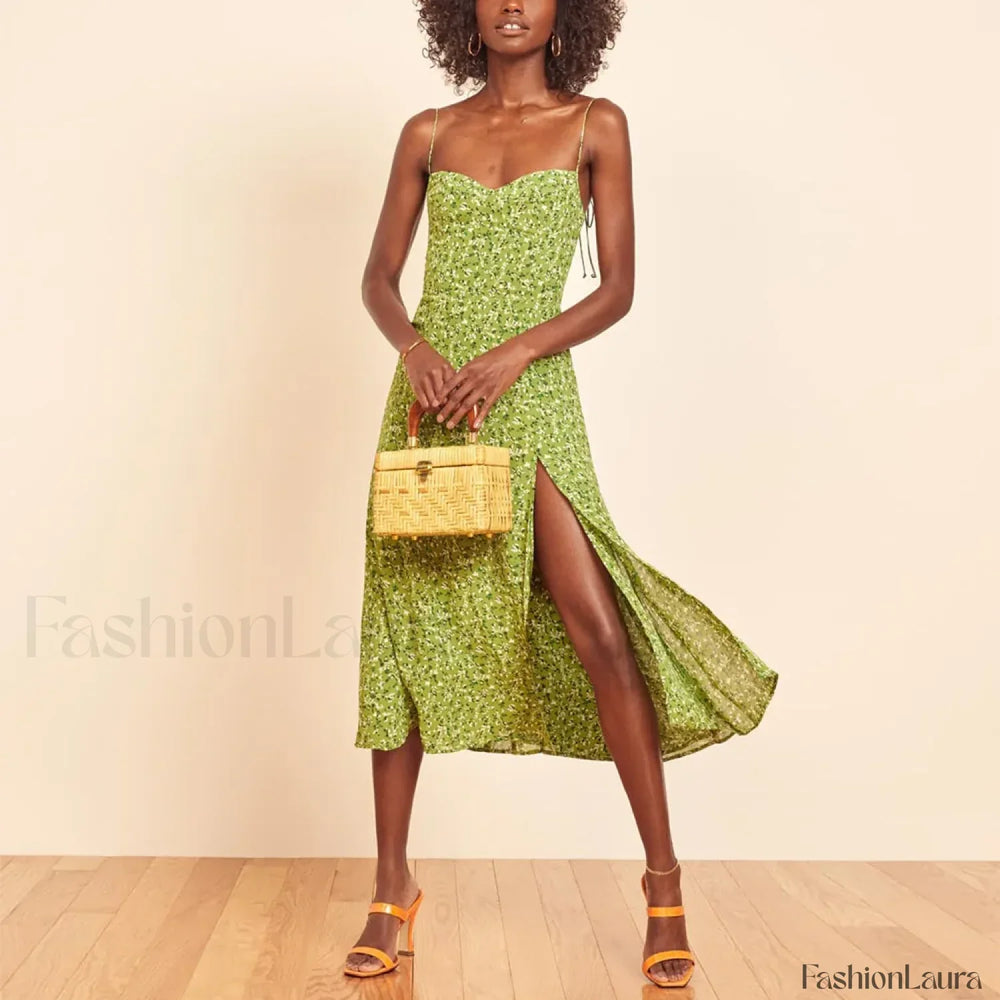 Retro Strap Slit Floral Dress color 1 / S