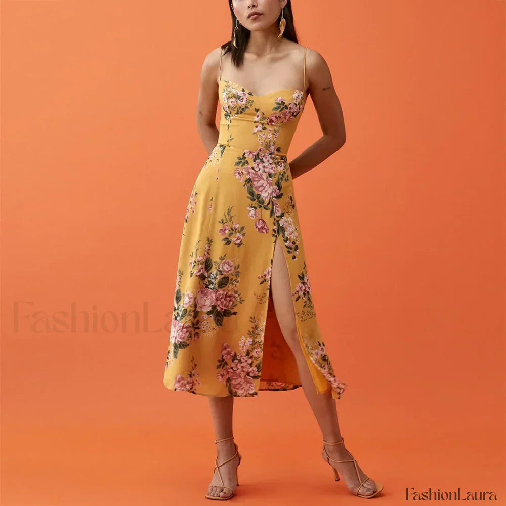 Retro Strap Slit Floral Dress color 10 / S