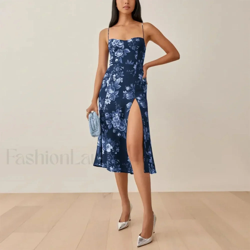 Retro Strap Slit Floral Dress color 15 / S
