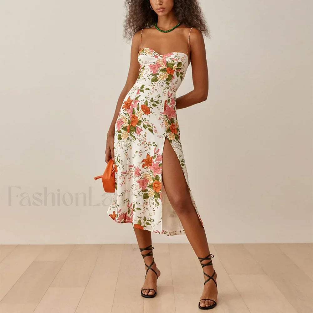Retro Strap Slit Floral Dress color 19 / S