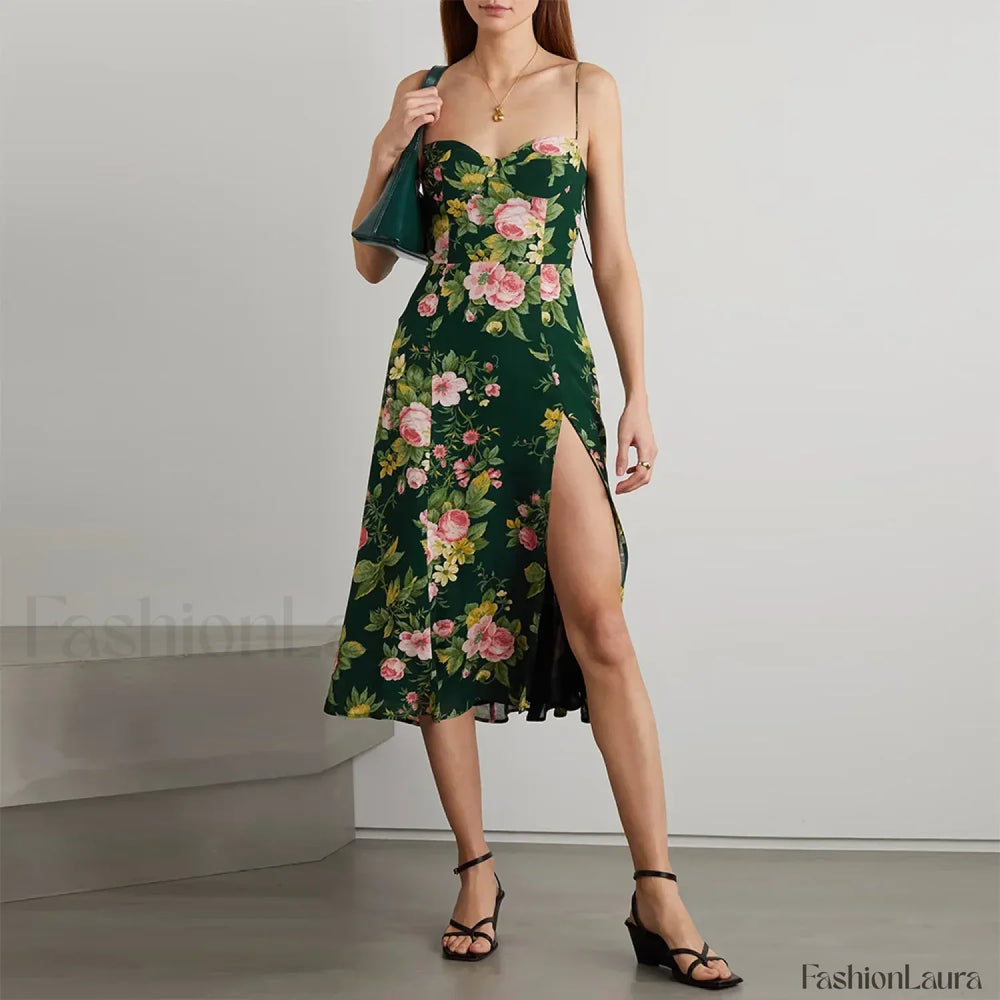 Retro Strap Slit Floral Dress color 20 / S