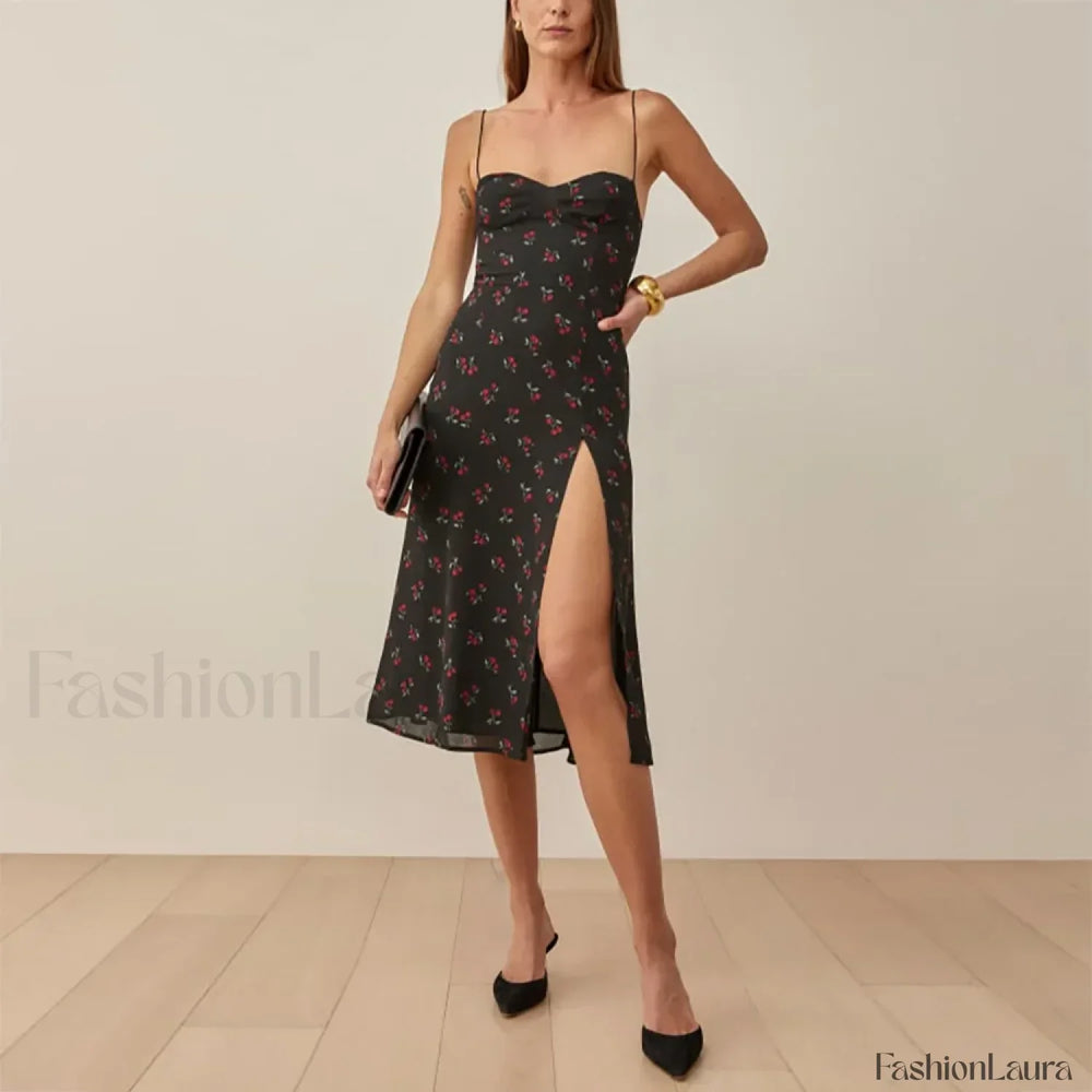Retro Strap Slit Floral Dress color 21 / S