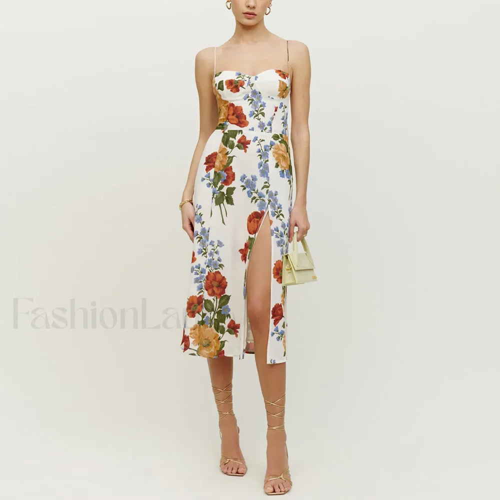 Retro Strap Slit Floral Dress color 24 / S