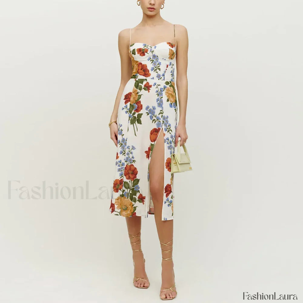 Retro Strap Slit Floral Dress color 24 / S
