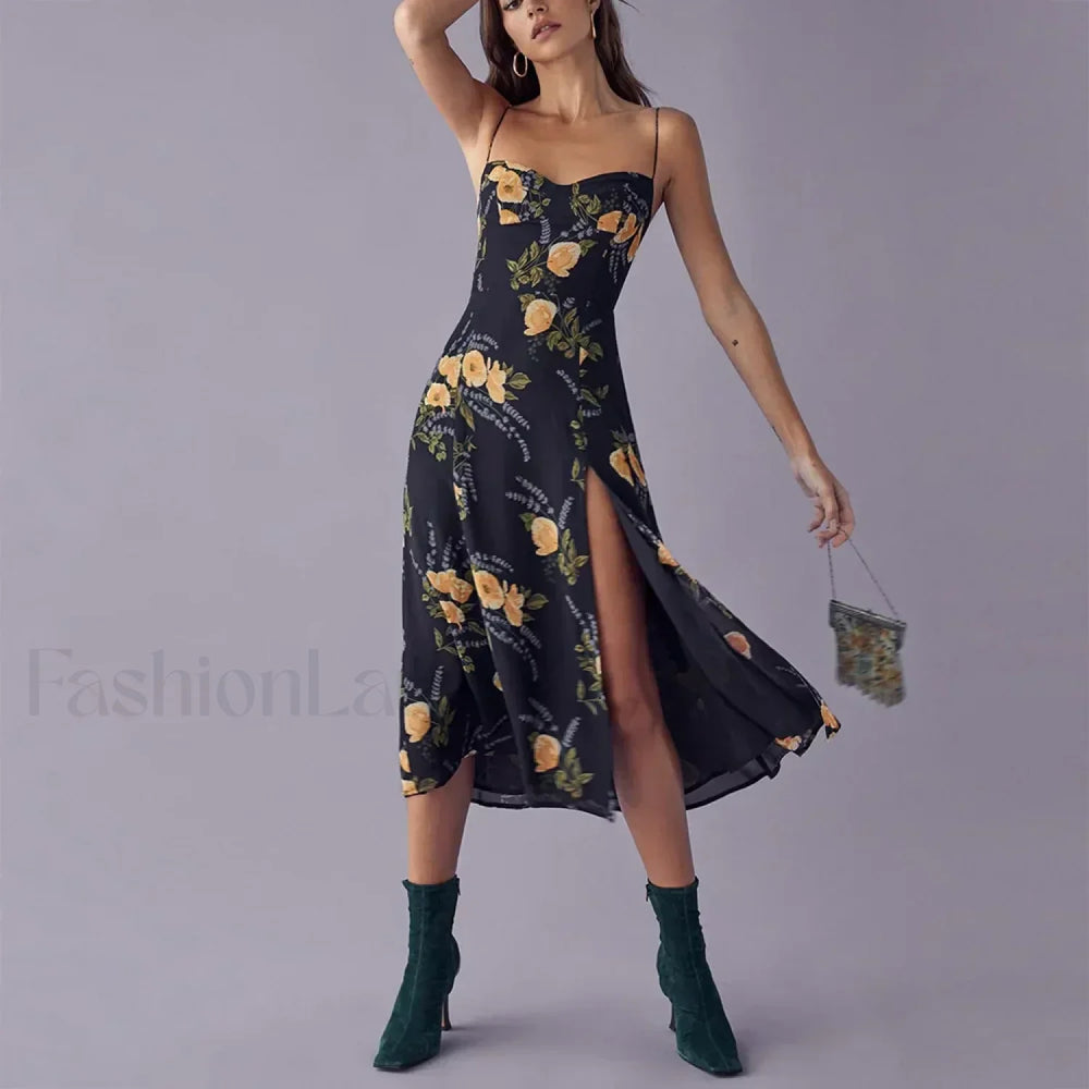 Retro Strap Slit Floral Dress color 6 / S