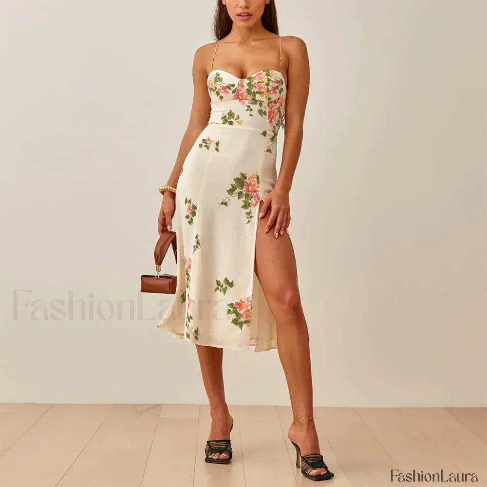 Retro Strap Slit Floral Dress color 9 / S