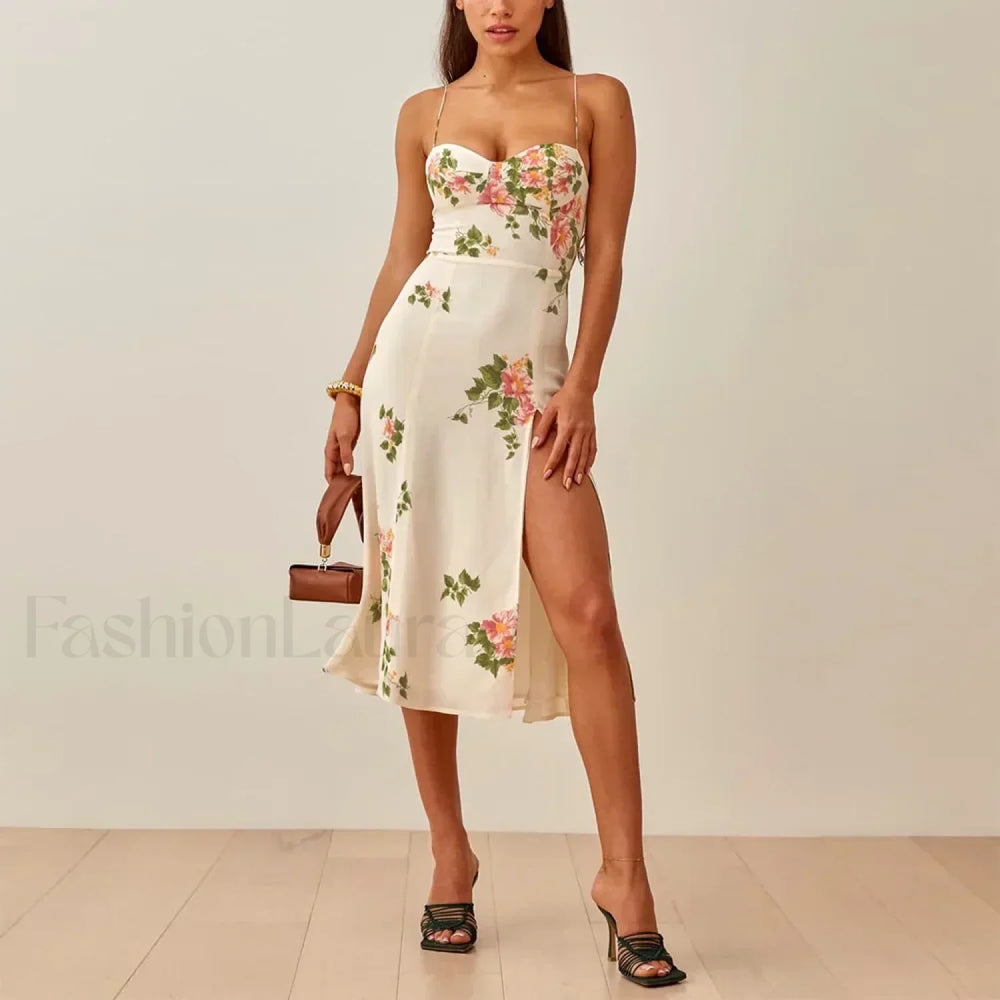 Retro Strap Slit Floral Dress color 9 / S