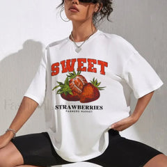 Retro Strawberry Fruit Printed Oversized T Shirt WHITE / S
