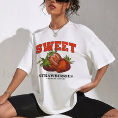 Retro Strawberry Fruit Printed Oversized T Shirt WHITE / S