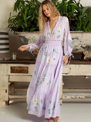 Retro V Neck Elastic Boho Dress Light Purple / S
