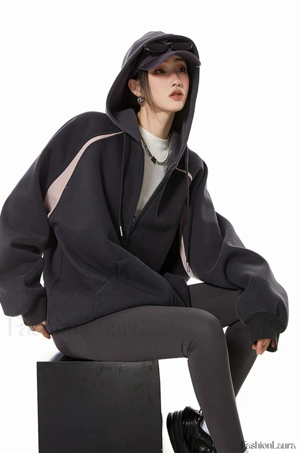 Retro Y2K Hooded Zipper Hoodie Black / M