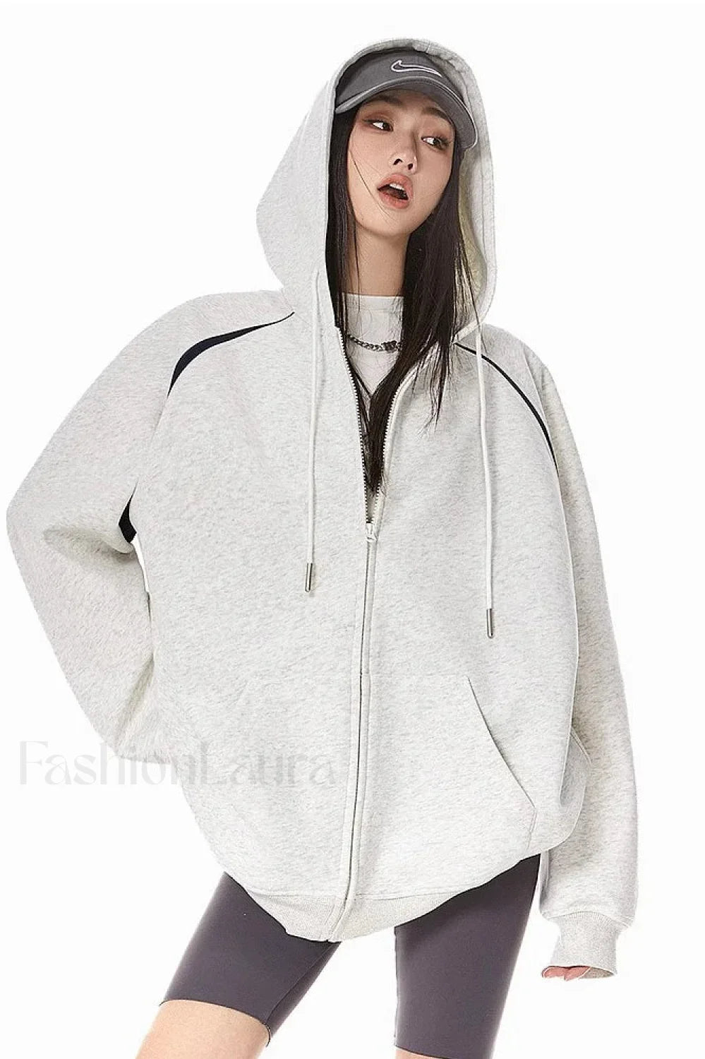 Retro Y2K Hooded Zipper Hoodie Flower Grey / M