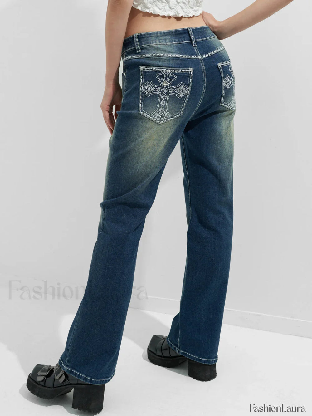 Rhinestone Chrome Hearts Flare Leg Jeans Blue / S Flare Jeans