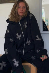 Rhinestone Cross Print Y2K Zip Up Hoodie