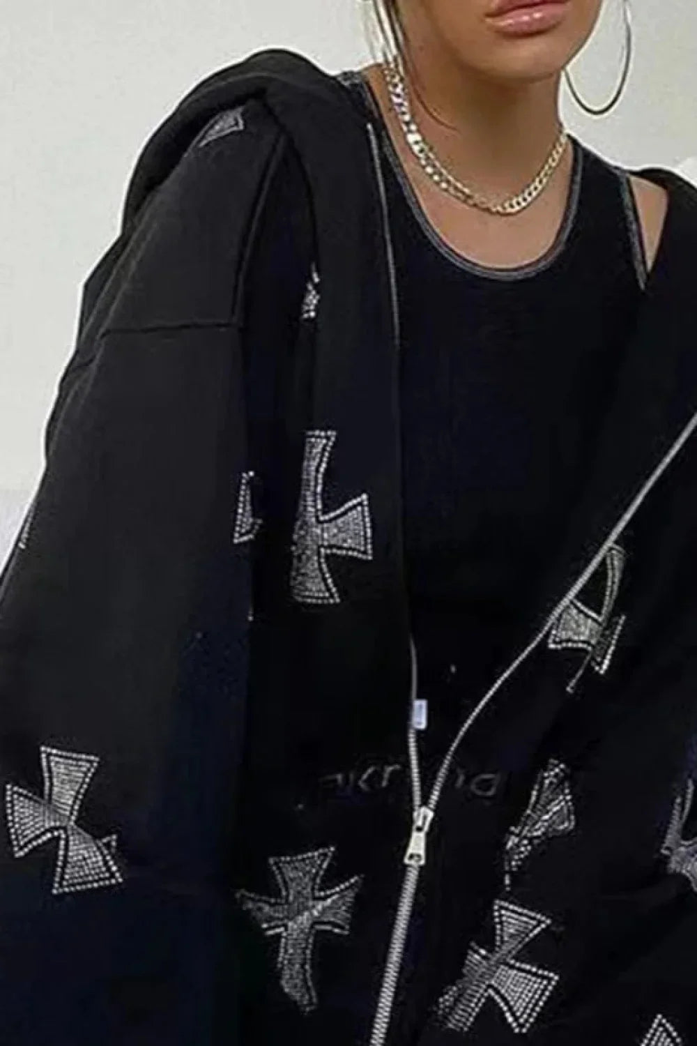 Rhinestone Cross Print Y2K Zip Up Hoodie